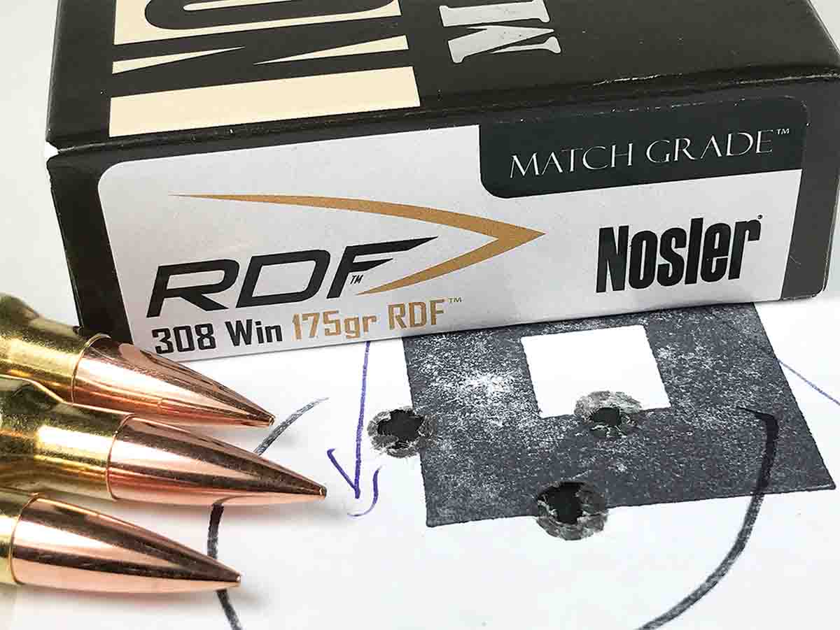 Nosler Match Grade 175-grain RDF .308 Winchester shot well at 100 yards fired from a Shaw ERS-10 rifle.